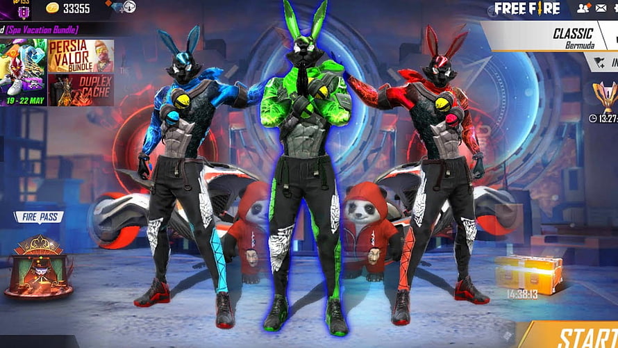 Free Fire Classic Bermuda Lobby with Three Neon Bunny Skins and Panda Pets HD wallpaper