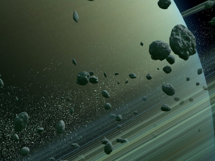 Asteroid Field Orbiting a Ringed Gas Giant Planet in Deep Space HD wallpaper