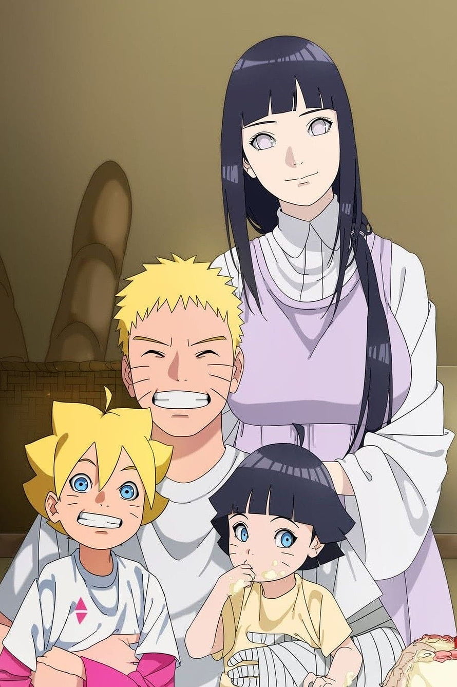 Naruto Uzumaki Family Portrait with Hinata, Boruto, and Himawari Eating Bread HD phone wallpaper
