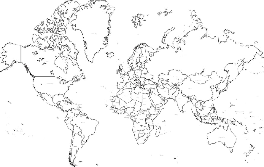 Minimalist Black and White World Map Outline with Country Borders HD wallpaper