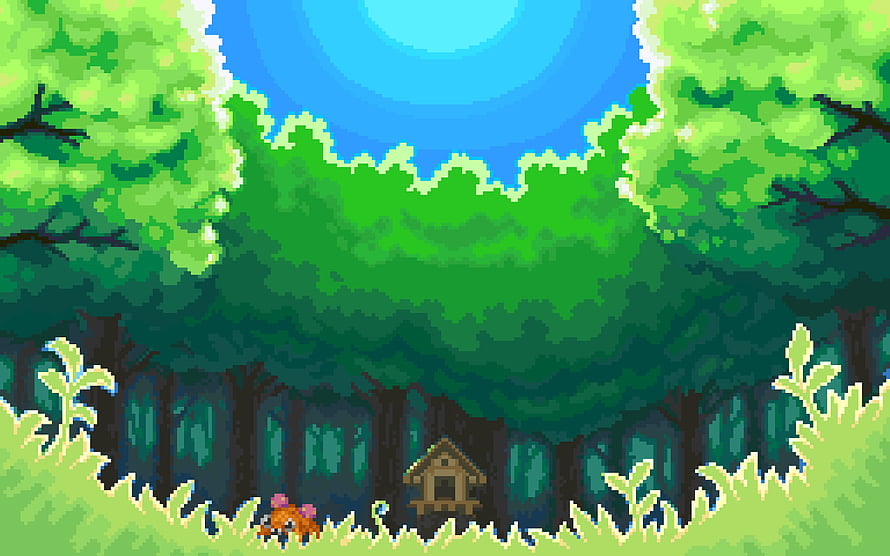 Pixel Art Forest Scene With Small Cabin And Character In Lush Greenery HD wallpaper