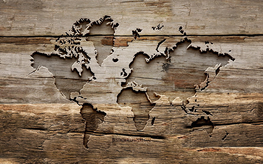 Carved World Map on Rustic Weathered Wood Planks HD wallpaper