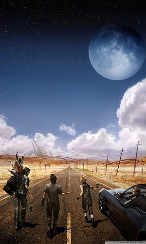 Final Fantasy XV characters walking down a desert highway under a giant moon HD phone wallpaper