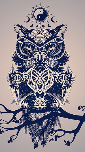 Mystical Blue Owl With Celtic Knots, Yin Yang, and Om Symbol Art HD phone wallpaper