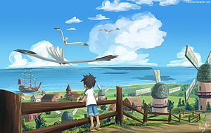 Anime Boy Watching Seagulls Fly Over Coastal Village With Windmills And Sailing Ship HD wallpaper