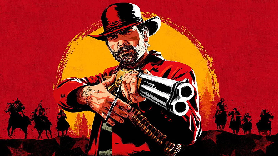 Arthur Morgan from Red Dead Redemption 2 Aiming Revolver in Bold Red Illustration HD wallpaper