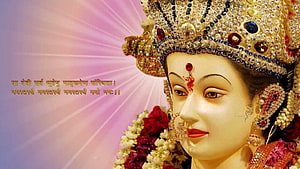 Kanak Durga Temple Deity Portrait With Ornate Crown And Floral Garland HD wallpaper