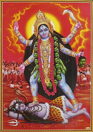 Goddess Kali Standing on Shiva with Multiple Arms and Garland of Heads HD phone wallpaper