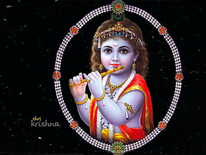 Bal Krishna Playing Flute in Ornate Jewel Frame on Black Background HD wallpaper