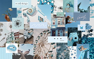 Blue Aesthetic Collage Featuring Ferris Wheel, Scooter, Vintage Phone, and Coastal Vibes HD wallpaper