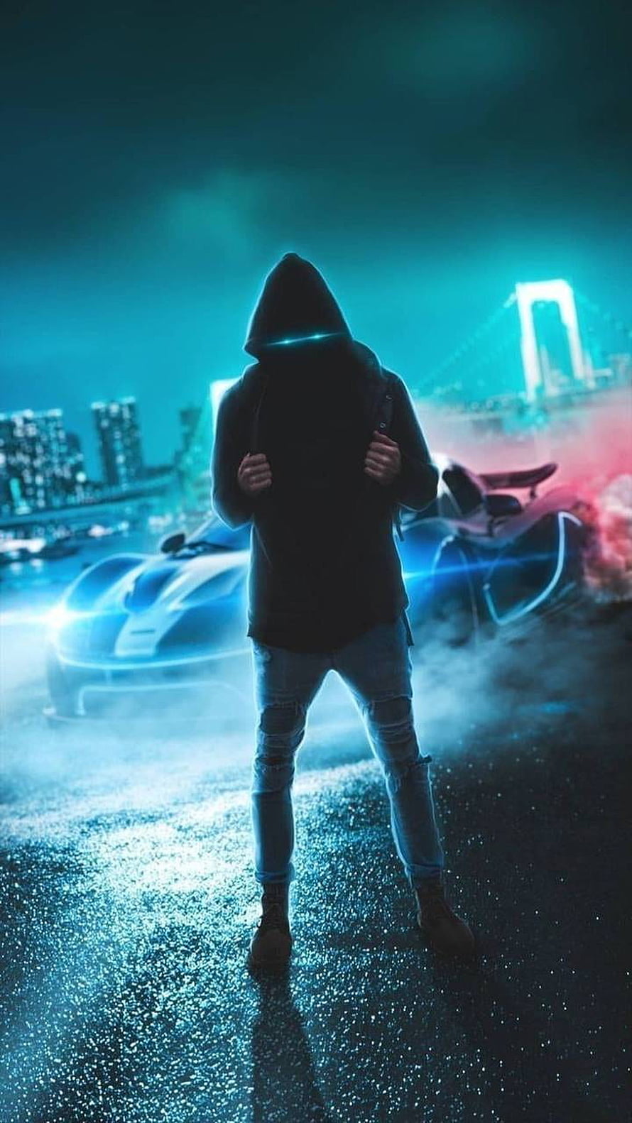 Mysterious Hooded Figure Standing in Front of Futuristic Sports Cars in Neon City HD phone wallpaper