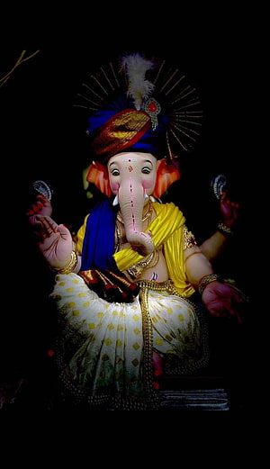 Colorful Ganesha Idol With Blue Turban And Yellow Saree On Black Background HD phone wallpaper