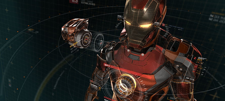 Iron Man holographic armor schematic with glowing arc reactor and HUD interface, Iron Man Ultra and Backgrounds, iron man suits HD wallpaper