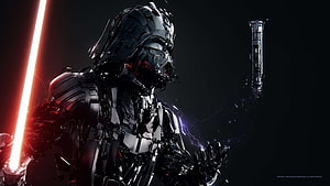 Darth Vader in Futuristic Cybernetic Armor Wielding Red Lightsaber HD wallpaper