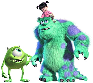 Monsters Inc Characters Mike Wazowski Sulley and Boo on White Background HD wallpaper