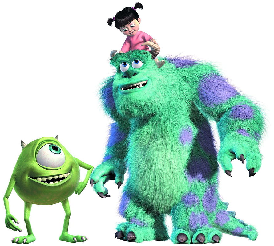 Monsters Inc Characters Mike Wazowski Sulley and Boo on White Background HD wallpaper
