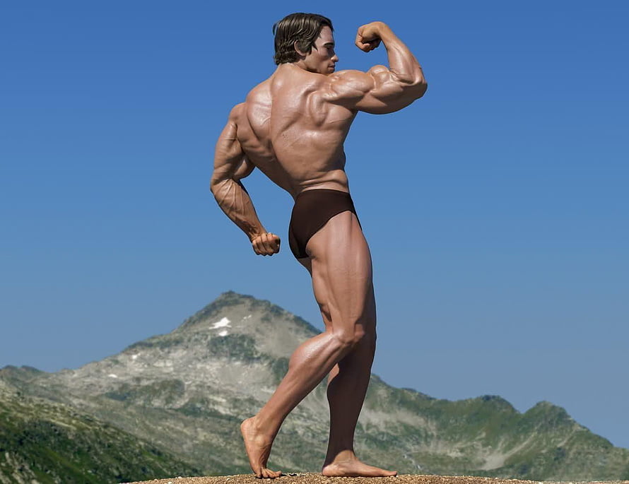 Arnold Schwarzenegger bodybuilding pose on a mountain summit under a clear blue sky HD wallpaper