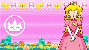 Princess Peach in Pink Dress with Crown and Mushroom Background HD wallpaper