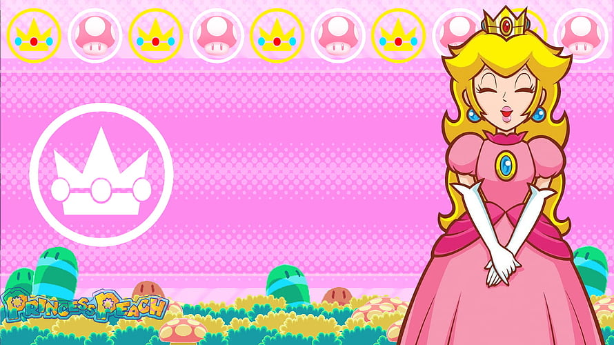 Princess Peach in Pink Dress with Crown and Mushroom Background HD wallpaper