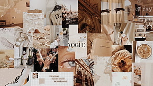 Vintage beige aesthetic collage featuring Vogue magazine, Parisian streets, luxury fashion, and cozy lifestyle moments HD wallpaper