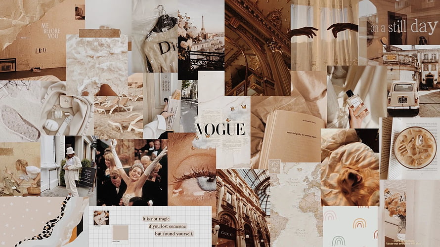Vintage beige aesthetic collage featuring Vogue magazine, Parisian streets, luxury fashion, and cozy lifestyle moments HD wallpaper