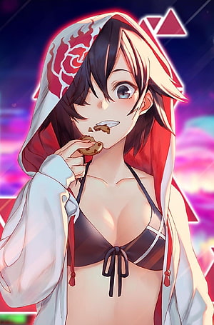 Anime girl in a red hooded hoodie eating a chocolate chip cookie against a vibrant neon background HD phone wallpaper