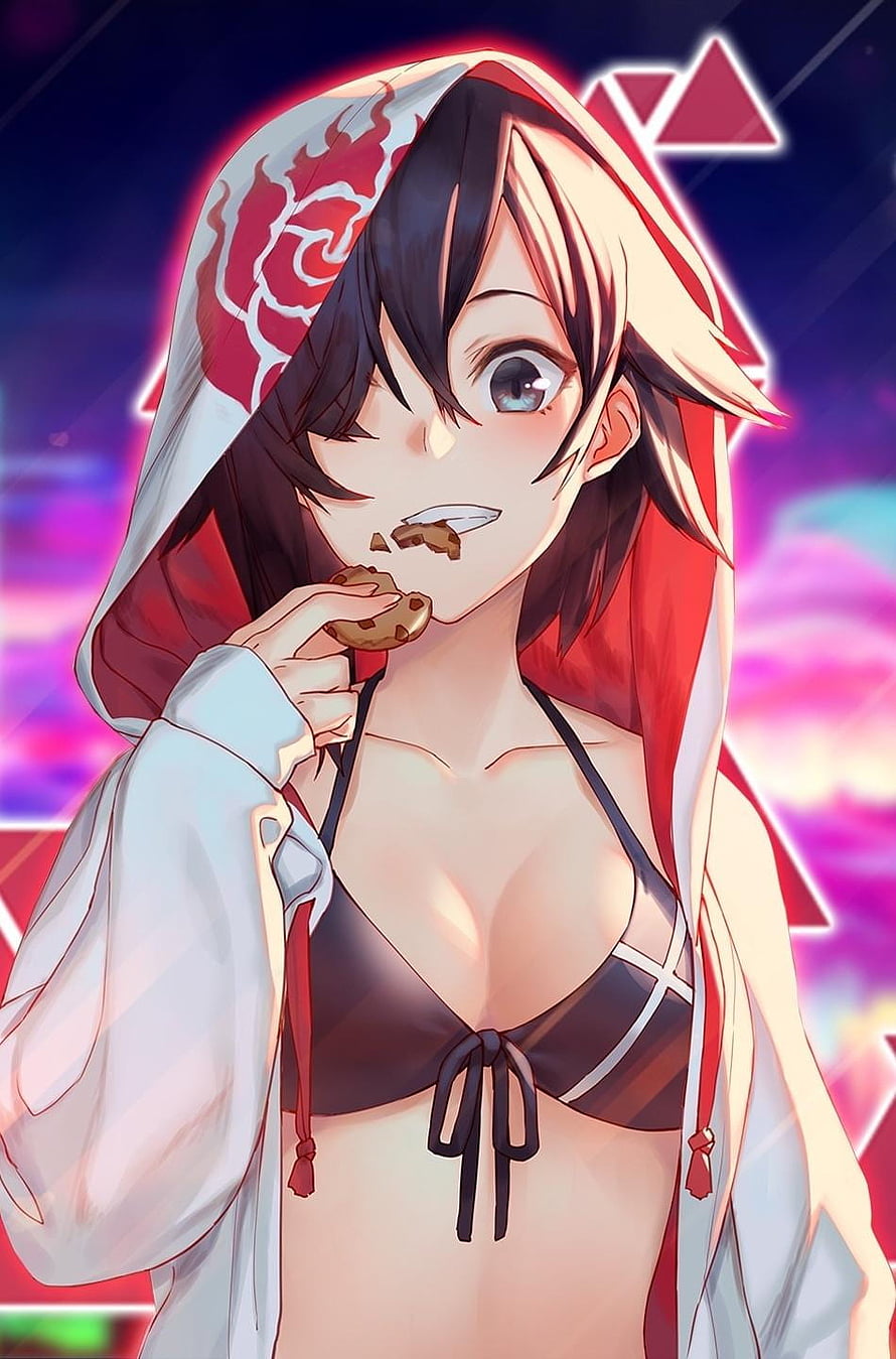 Anime girl in a red hooded hoodie eating a chocolate chip cookie against a vibrant neon background HD phone wallpaper