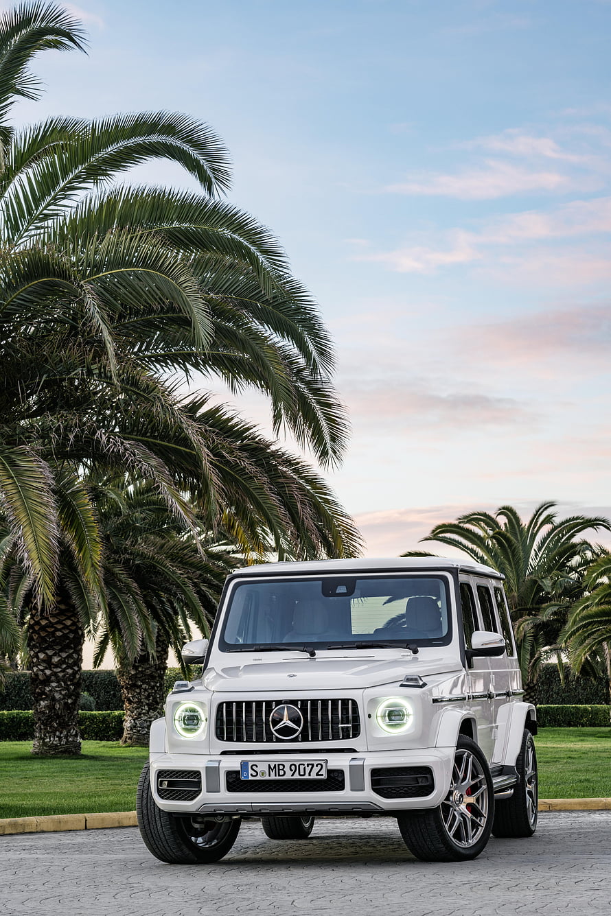 White Mercedes-Benz G-Class SUV parked on a driveway with palm trees in the background HD phone wallpaper