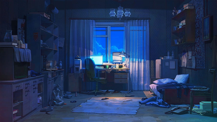 Cozy Messy Bedroom Interior At Night With Blue Moonlight And Computer Desk HD wallpaper