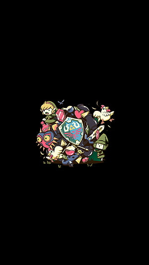 Chibi Zelda and Link with Hylian Shield and Moblin on Black Background HD phone wallpaper