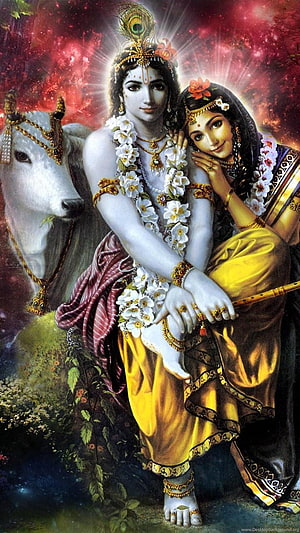 Radha and Krishna Sitting Together With White Horse in Divine Cosmic Background HD phone wallpaper