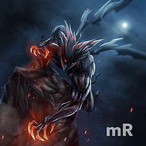 Cosmic Garou Dark Fantasy Character Art with Glowing Red Eyes and Fiery Claws HD phone wallpaper