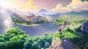 Genshin Impact scenic landscape with a character overlooking a river and distant castle at sunset HD wallpaper