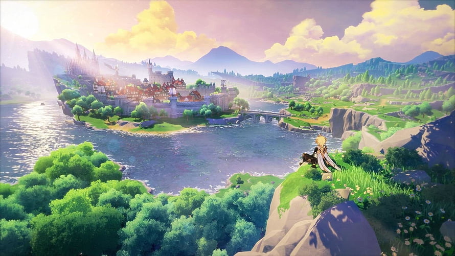 Genshin Impact scenic landscape with a character overlooking a river and distant castle at sunset HD wallpaper