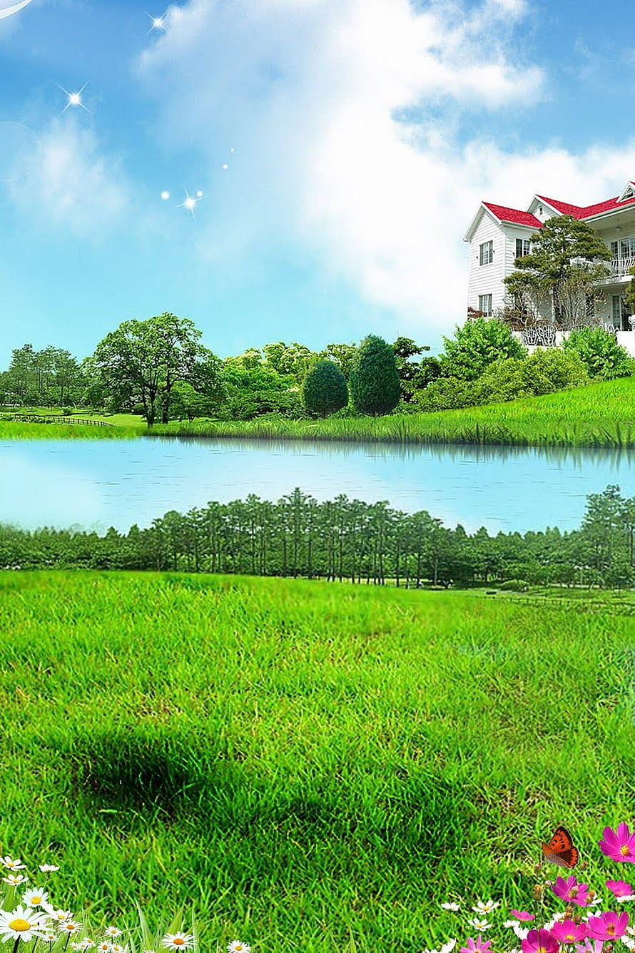 Serene White House With Red Roof Beside Calm Lake And Lush Green Grass HD phone wallpaper