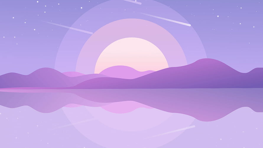 Dreamy Purple Sunset Over Calm Water with Soft Glowing Moon and Starry Sky HD wallpaper