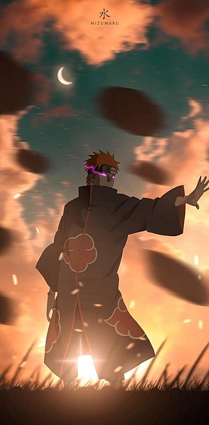 Pain from Akatsuki in Naruto standing in a dramatic sunset field with glowing eyes and floating debris HD phone wallpaper