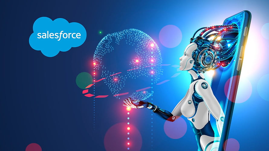 Salesforce AI Robot Interacting with Digital Globe and Smartphone HD wallpaper
