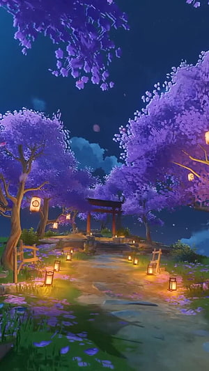 Genshin Impact Nighttime Garden with Purple Blossoms and Torii Gate HD phone wallpaper