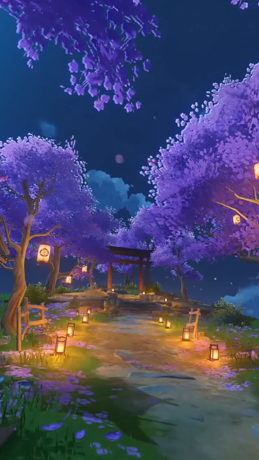 Genshin Impact Nighttime Garden with Purple Blossoms and Torii Gate HD phone wallpaper