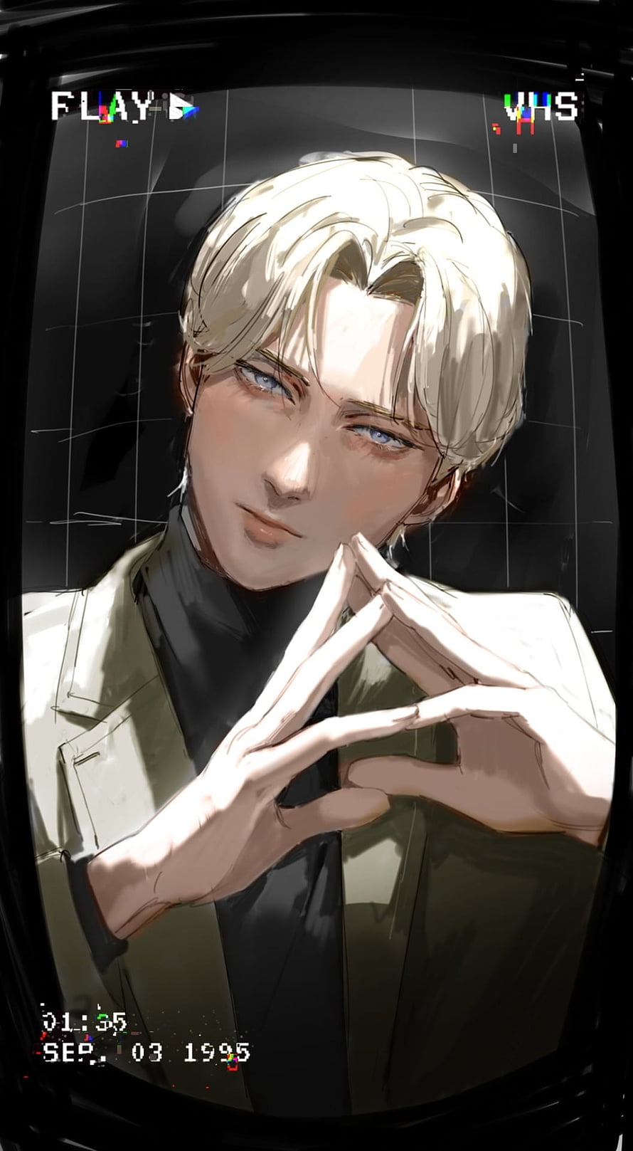 Anime Blonde Male Character Portrait With VHS Retro Filter And Hand Gesture HD phone wallpaper