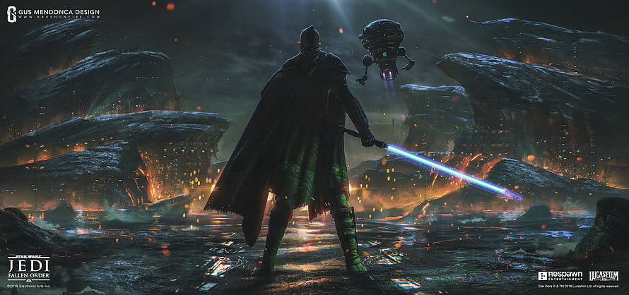Star Wars Jedi Fallen Order Concept Art Featuring Cal Kestis and a Lightsaber HD wallpaper