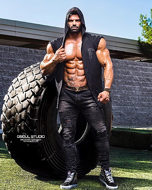 Sergi Constance Bodybuilder Fitness Portrait With Large Off-Road Tire HD phone wallpaper