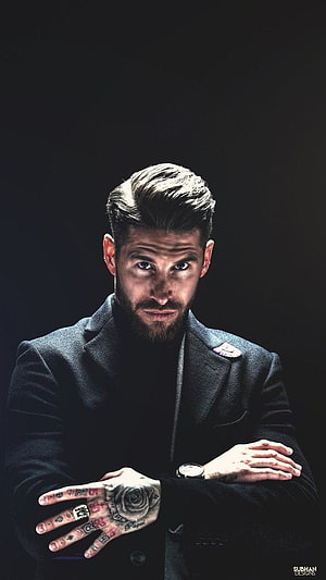 Sergio Ramos Portrait in Dark Suit with Prominent Hand Tattoos and Beard HD phone wallpaper