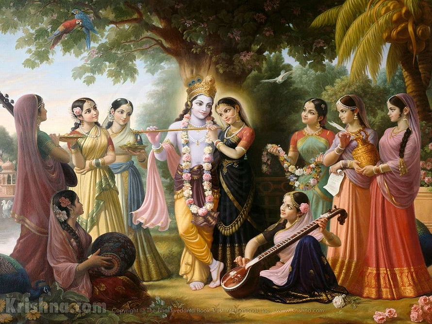Lord Krishna Playing Flute Surrounded by Gopis in a Lush Garden HD wallpaper
