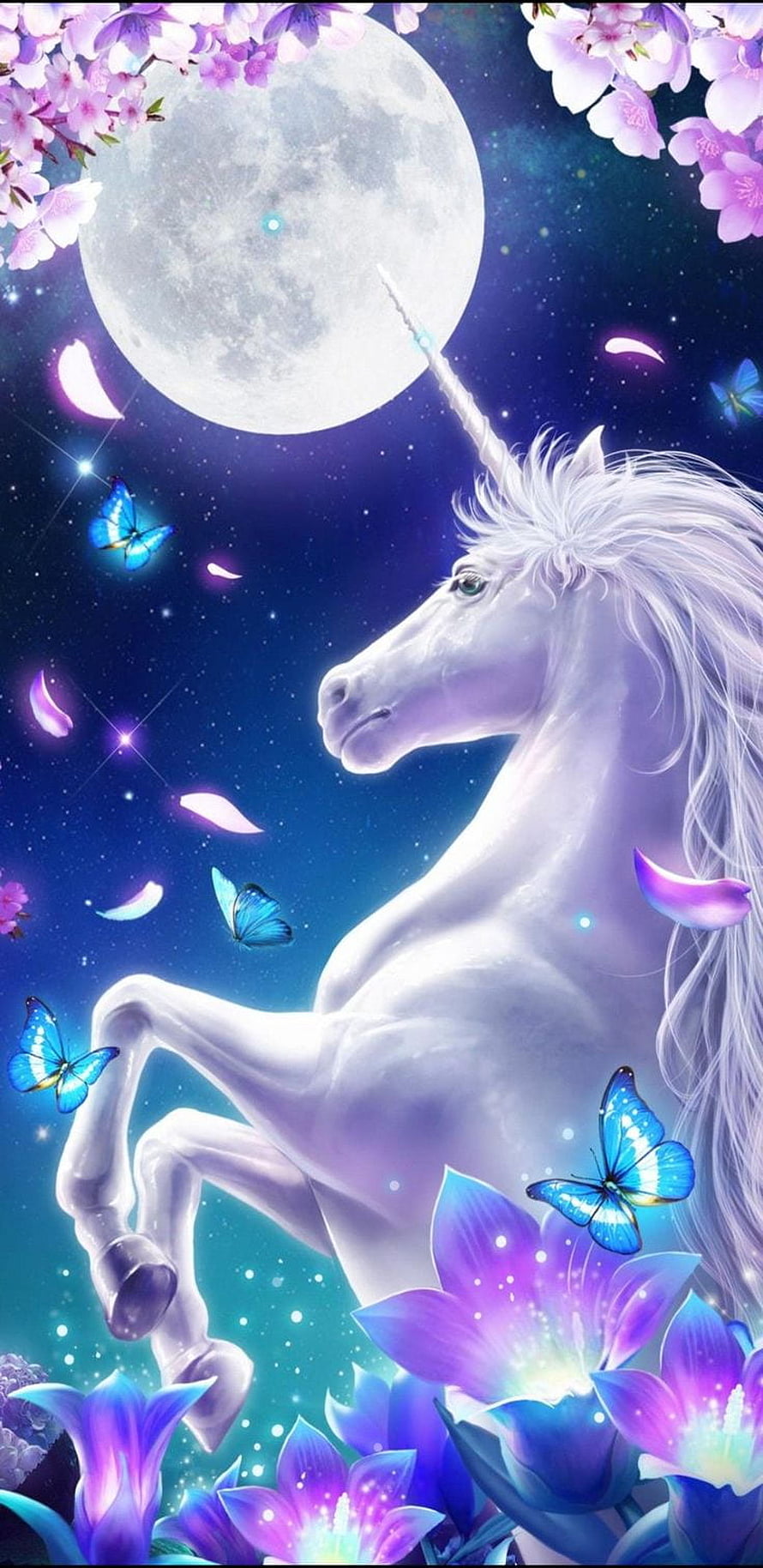 Magical White Unicorn Under Full Moon With Blue Butterflies And Glowing Flowers HD phone wallpaper