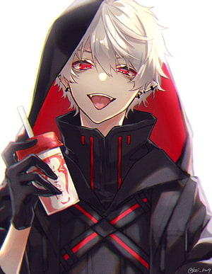 White-Haired Anime Boy in Black Hooded Outfit Holding a Drink HD phone wallpaper