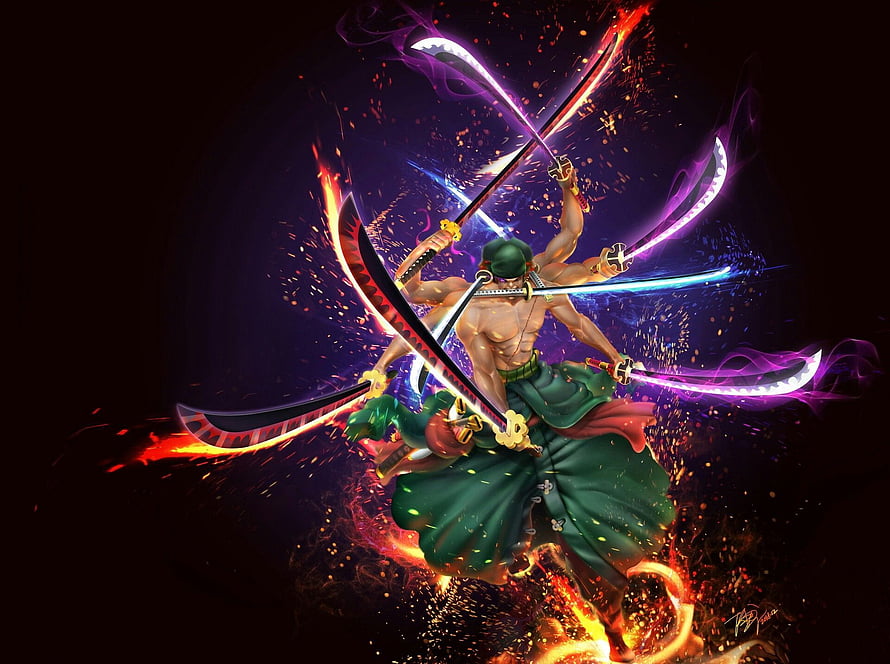 Roronoa Zoro wielding three swords with fiery and electric effects in dynamic anime battle pose HD wallpaper