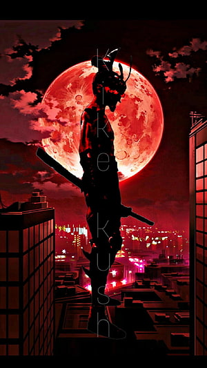 Silhouette of Kikokushin standing on a rooftop against a giant red moon and city skyline HD phone wallpaper