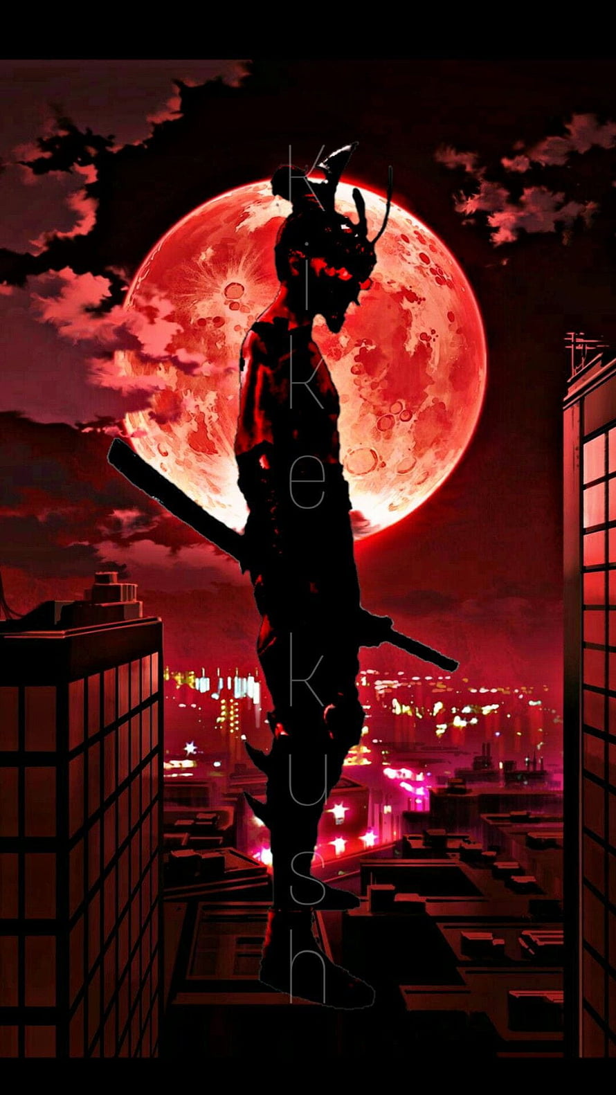 Silhouette of Kikokushin standing on a rooftop against a giant red moon and city skyline HD phone wallpaper